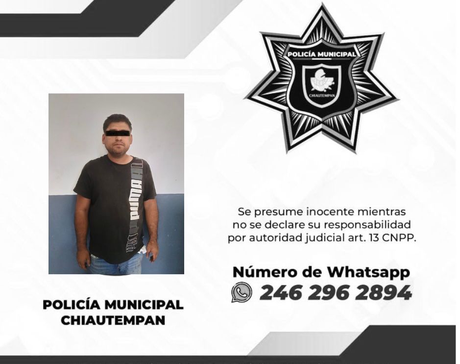 Asegura Policía Municipal de Chiautempan a sujeto por portación ilegal de arma de fuego